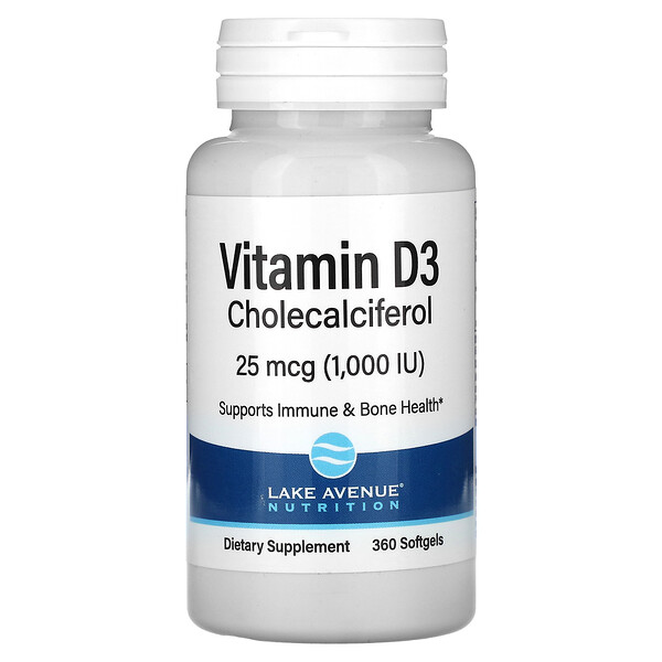 Витамин D3, 25 мкг (1000 МЕ), 360 мягких таблеток Lake Avenue Nutrition