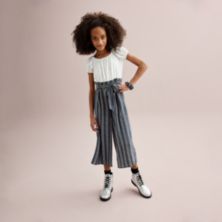 Трикотажный комбинезон с лифом с люверсами и полосатыми брюками с принтом для девочек 7–20 лет и резинкой для резинки для волос обычных и больших размеров Knit Works