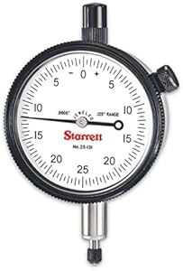 Starrett 25 Series Dial Indicator with Jewel Bearings and Lug-On-Center Back - White Face, 0-.125" Range, 0-25-0 Balanced Dial, .0005" Graduations - 25-131J Starrett