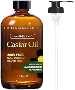 Castor Oil 16 Fl Oz (Glass Bottle) - Jamaican Black + Peppermint - A Huge Glass Bottle with a Pump - 100% Pure and Natural, Cold Pressed, and Hexane-Free - Hair Oil, Body Oil Essentially KateS