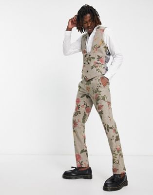 Бежевые шерстяные костюмные брюки Twisted Tailor Sember с цветочным принтом Twisted Tailor