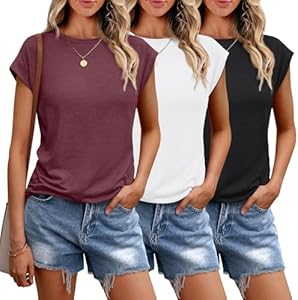 SUNBS 3 Pack Womens Summer Tops Cap Sleeve Shirts Crewneck Loose Business Causal Tshirt Basic Tee Trendy Cute Outfits Sunbs