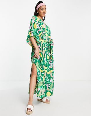 Платье-рубашка миди с завязками на талии и тропическим принтом Monki Monki