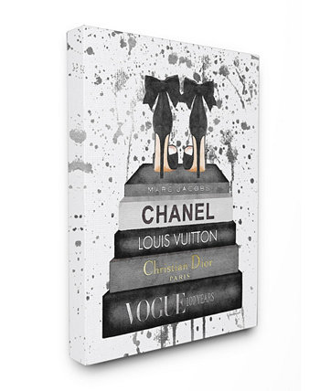Glam Fashion Book Stack Серые туфли-лодочки с бантом на каблуках, тушь, холст, настенная живопись, 30 "x 40" Stupell Industries