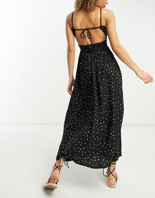 Esmee Exclusive beach maxi summer dress with large shirred bodice in black polka dot  Esmée