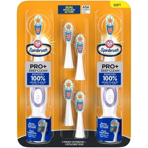 ARM & HAMMER Spinbrush PRO Clean Soft Family Pack- 2 Brushes Plus 4 Refill Heads- Battery Powered Toothbrush Multi-Pack- Soft Bristles Spinbrush