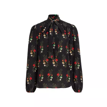 Шелковая блузка с цветочным принтом Moss и завязками на воротнике RIXO