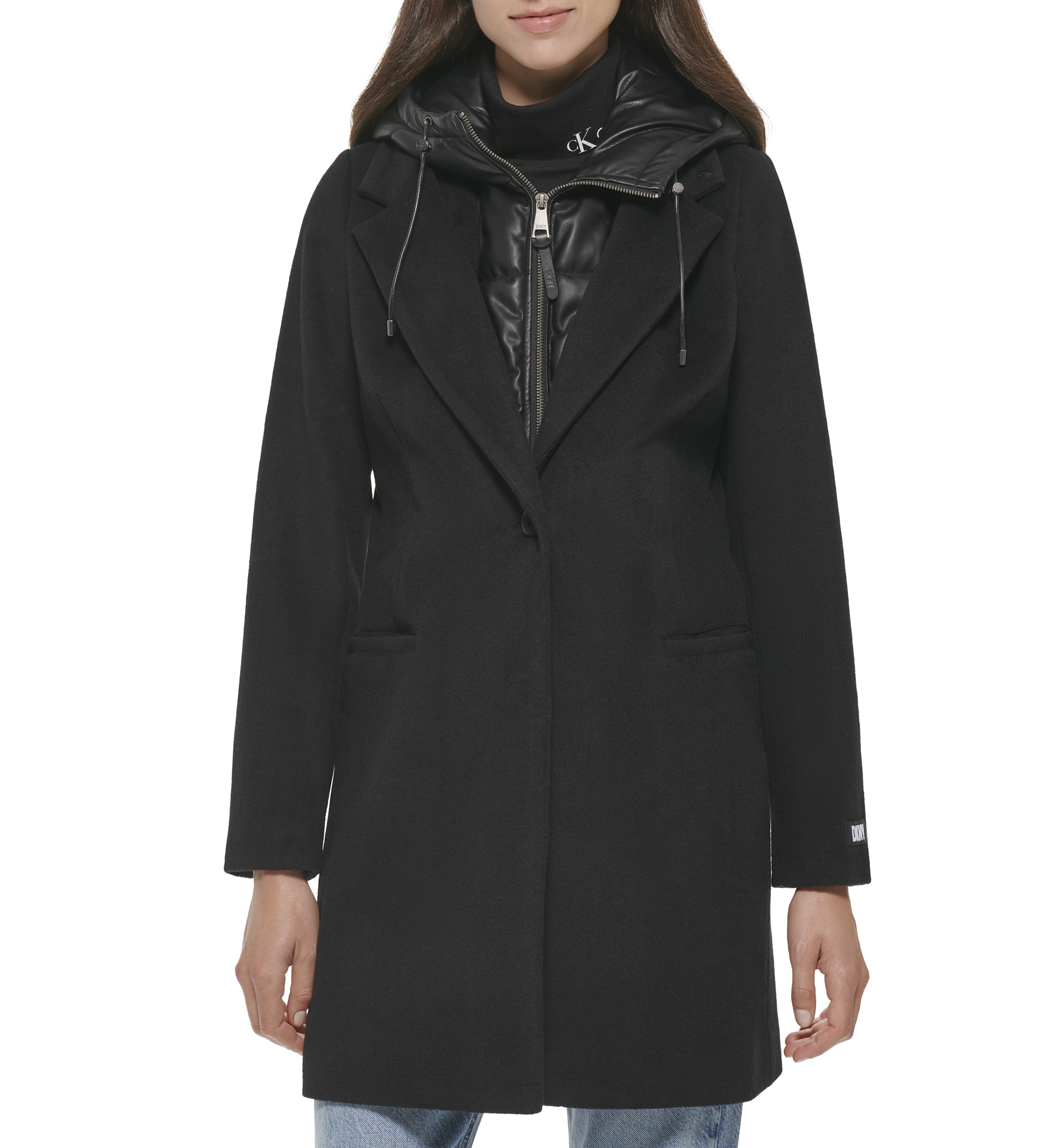 Шерстяное пальто с нагрудником из искусственной кожи DKNY