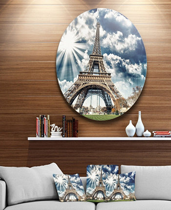 Designart 'Великолепный Парижский вид на Эйфелеву башню' Фотография горизонта в круге, металлическая стена, искусство - 23 "x 23" Design Art