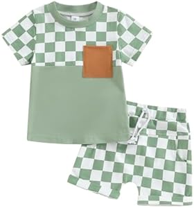 Toddler Baby Boy Girl Summer Clothes Checkerboard Print Short Sleeve T-Shirt Tee Tops Rolled Shorts Infant Outfits Ma&Baby