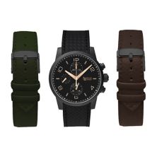 American Exchange Men's Black Watch with Olive, Black, and Brown Interchangeable Straps American Exchange