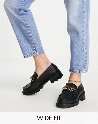 London Rebel wide fit chunky chain detail loafers in black  London Rebel Wide Fit