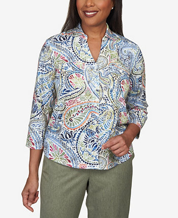 Petite Chelsea Market Paisley Stretch Knit Button Down Top Alfred Dunner