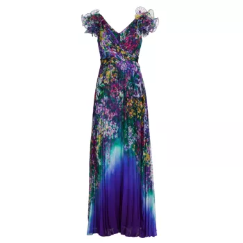 Floral Ruffle-Sleeve Pleated Gown Marchesa Notte