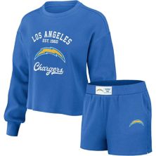 Women's WEAR by Erin Andrews Blue Los Angeles Chargers Waffle Knit Long Sleeve T-Shirt & Shorts Lounge Set WEAR by Erin Andrews