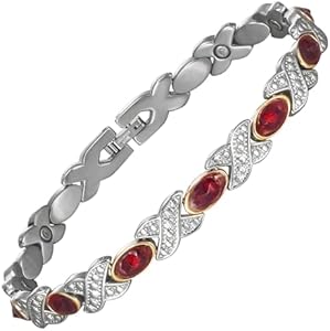 Magnetic Bracelets for Women, Stainless Steel Magnetic Bracelet with Red Stones, Fashion Magnetic Jewelry EnerMagiX