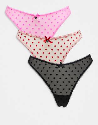 Boux Avenue Catie 3 pack heart flock high leg thong in multi Boux Avenue