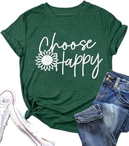 Graphic Tees for Women Choose Happy Letter Print Shirts Sunflower Women T Shirt Inspirational Short Sleeve Casual Tops Caipudan