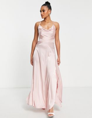 Parallel Lines cowl neck satin maxi dress with split in pink Parallel Lines