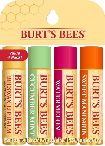 Свежесобранный бальзам для губ Burt's Bees — 4 упаковки — арбуз + сладкий мандарин + огуречная мята + пчелиный воск — 0,6 унции BURT'S BEES