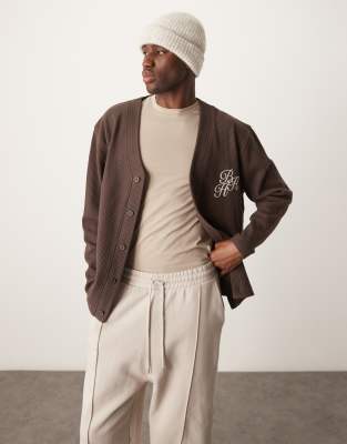 ASOS DESIGN oversized cardigan in waffle texture with chest embroidery in brown ASOS DESIGN