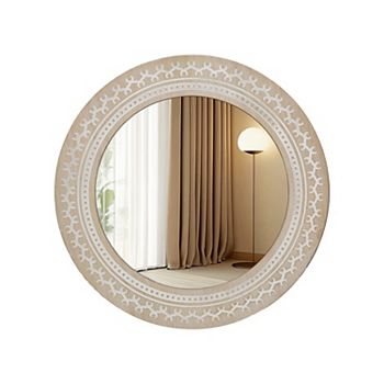 Parisloft 23.6 Inch Round Carved Wood Wall Mirror, Brown and White Parisloft