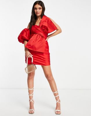 Красное платье мини из тафты с одним рукавом и бантом Ever New Ever New