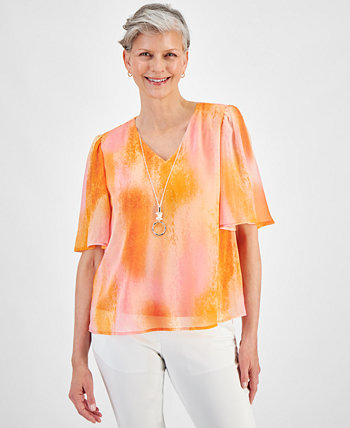 Petite Dye Dreams Flutter-Sleeve Necklace Top, Created for Macy's J&M Collection