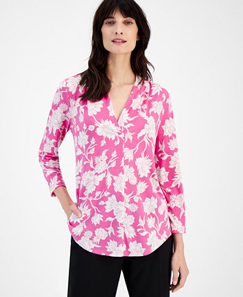 Women's Floral-Print 3/4-Sleeve V-Neck Top, Created for Macy's J&M Collection