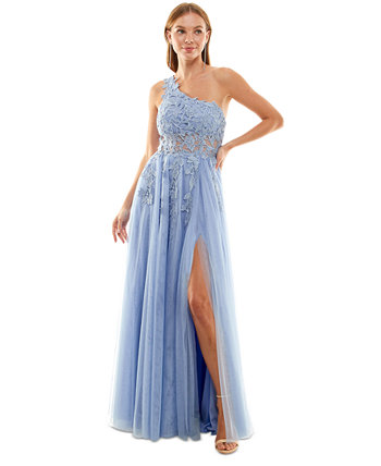 Juniors' Asymmetric Floral-Applique Sleeveless Gown, Created for Macy's Say Yes to the Prom