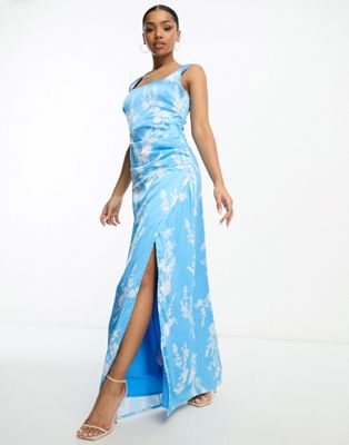 Атласное платье макси с квадратным вырезом и юбкой с запахом Anaya с синим цветочным принтом Anaya