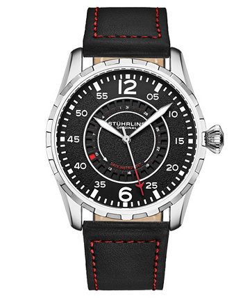 Мужские кварцевые черные часы из натуральной кожи с красным ремешком с контрастной строчкой 44 мм Stuhrling