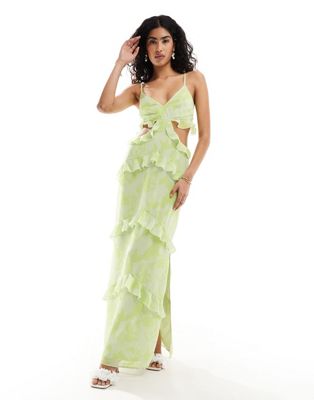 Pretty Lavish Rinna cut out maxi dress with frill detail in lime floral print - Exclusive to ASOS Pretty Lavish