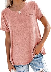 Bingerlily Women's Roll Up Short Sleeve T Shirts Crew Neck Tops Loose Causal Tees with Pocket Bingerlily