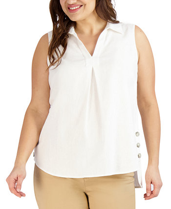 Льняная блузка больших размеров с воротником на пуговицах и высоким воротником Jones New York
