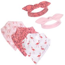 Yoga Sprout Baby Girl Cotton Bandana Bibs and Headbands 5pk, Flamingo, One Size Yoga Sprout