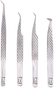 M LASH Tweezers for Eyelash Extensions (Set of 4) - Professional Lash Extension Tweezers - Fiber Tip, Japanese Steel, Diamond Grip Eyelash Extension Tweezer (Black) M