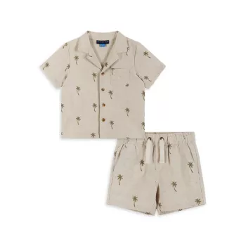 Baby Boy's Palm Linen-Blend Camp Shirt &amp; Drawstring Shorts Set Andy & Evan
