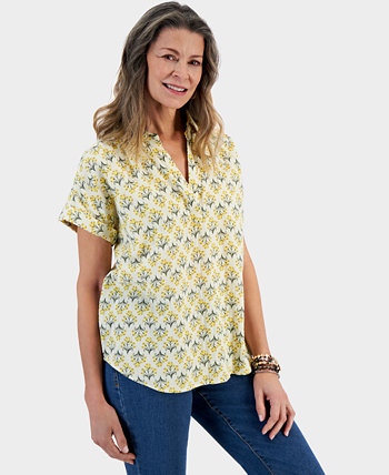Women's Printed Gauze Short-Sleeve Popover Top, Created for Macy's Style & Co