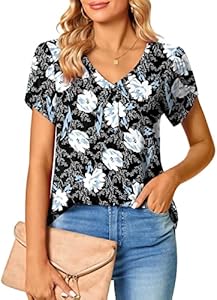 Bestbee Women's Short Sleeve Tops 2025 Summer Casual T-Shirts Loose Fit Blouses Petal V Neck Shirts Bestbee