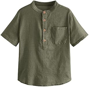 Inorin Boys Button Up Henley Shirt Short Sleeve Lightweight Summer Linen Cotton Dress Shirts Tees Tops with One Pocket Inorin