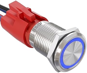 Кнопочный переключатель с подсветкой 10A и защитой IP65, 12V, 16mm, самозапирающийся 1NO (черный алюминий, синий) Apiele