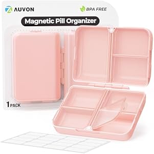 AUVON Travel Pill Organizer with Folding Design, 7 Compartments Daily Pill Case with Long-Lasting Hinges, Portable Pill Box for Pocket Bag, Small Pill Container for Fish Oil, Vitamin, Pink AUVON