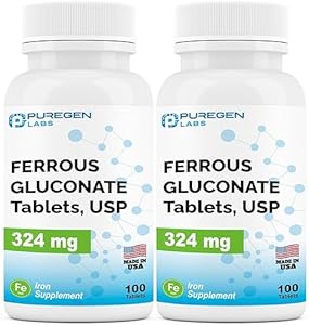 Puregen Labs Ferrous Gluconate 324 mg [High Potency] Iron Supplement, Gentle on Stomach - 100 Tablets P Puregen Labs