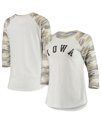 Женская белая футболка с камуфляжным принтом Iowa Hawkeyes Boyfriend Baseball Raglan с рукавом 3/4 Camp David