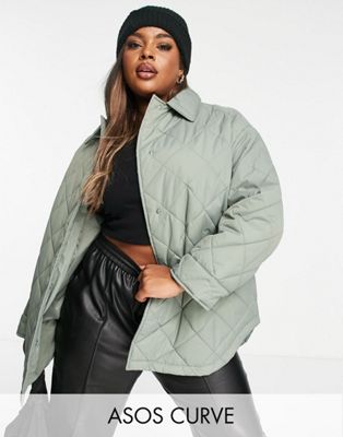 ASOS DESIGN Curve oversized quilted shacket in sage ASOS Curve