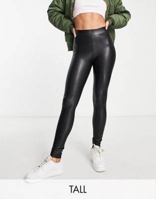 Pieces Tall high waist coated leggings in black Pieces Tall