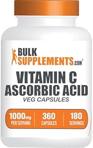 BulkSupplements.com Ascorbic Acid Capsules - Ascorbic Acid Vitamin C 1000mg, Vitamin C Supplement - for Immune Support Gluten Free, 2 Capsules per Serving, 360 Veg Capsules (Pack of 1) BulkSupplements