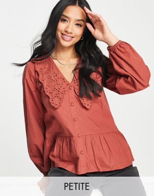 Influence Petite broderie collared blouse in rust Influence Petite