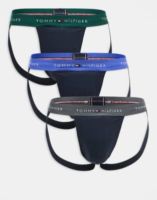 Tommy Hilfiger Signature Essential 3 pack jock strap with colored waistband in black Tommy Hilfiger